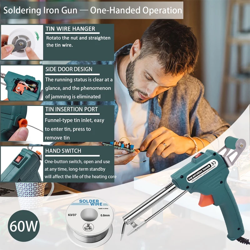 110V/220V 60W Automatically Soldering Gun Hand-Held Internal Heating Automatically Send Tin Gun Welding Repair Tools US/EU Plug