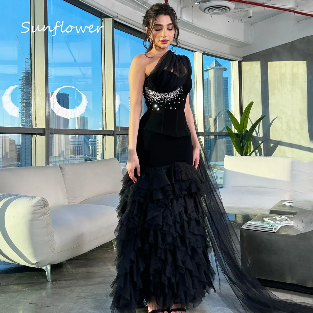 Sunflower Black One-Shoulder Beading A-LINE Formal Evening Dress Saudi Arabia 2024 Slim Tiered Tulle Floor-Length Prom Dress