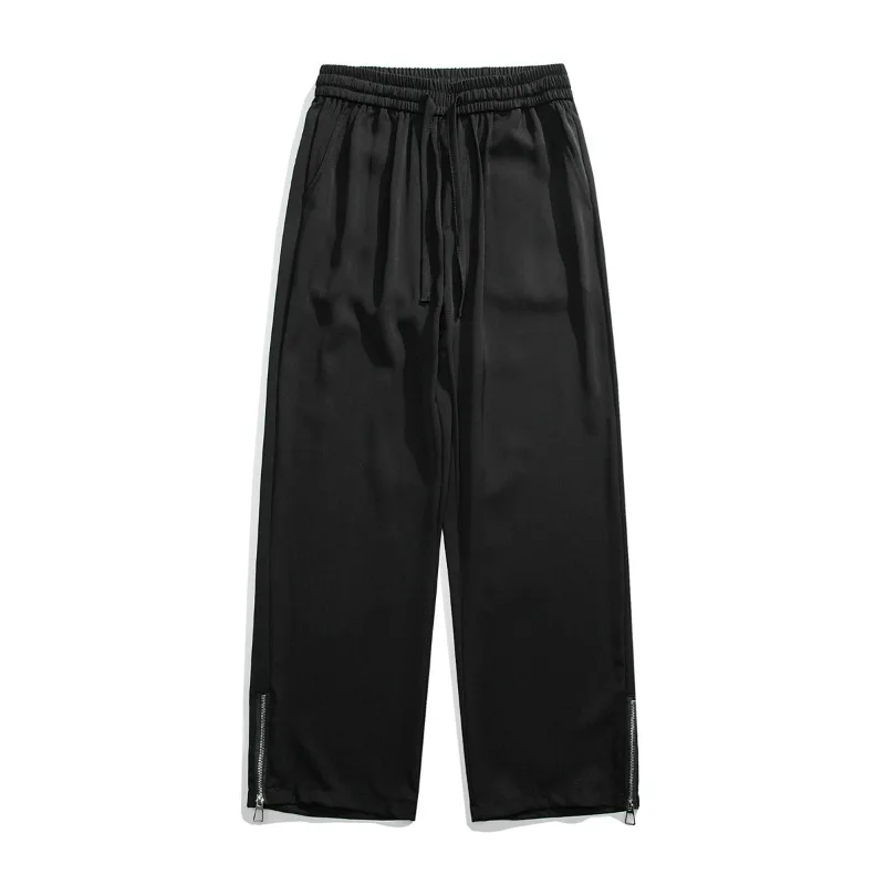 Men'sspring Autumn Elastic High Waisted Solid Zipper Pockets Casual Loose Work Wide Leg Trousers England Style Vintage Pants