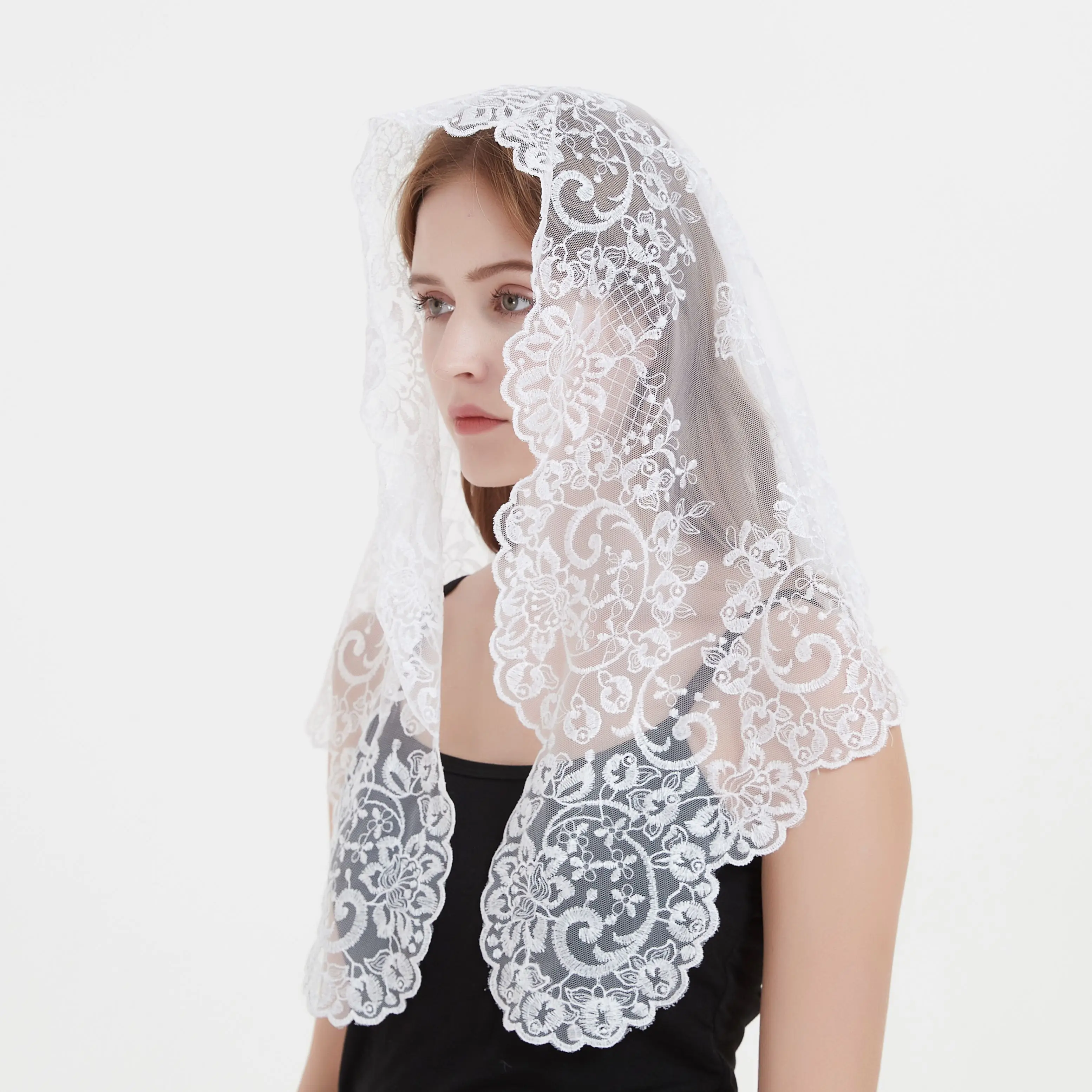 Mantilla de encaje de estilo español bordado blanco, velo católico de boda, Iglesia