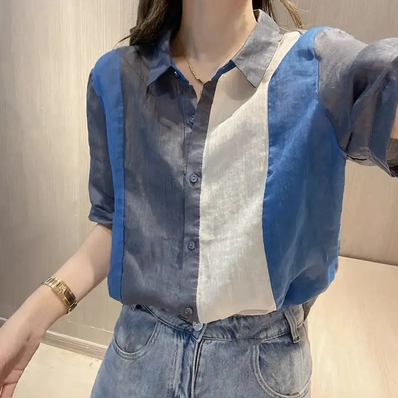 Office Lady Fashion Contrasting Colors Patchwork Blouse Summer Short Sleeve Casual Single-breasted Female Korean Polo-Neck Shirt