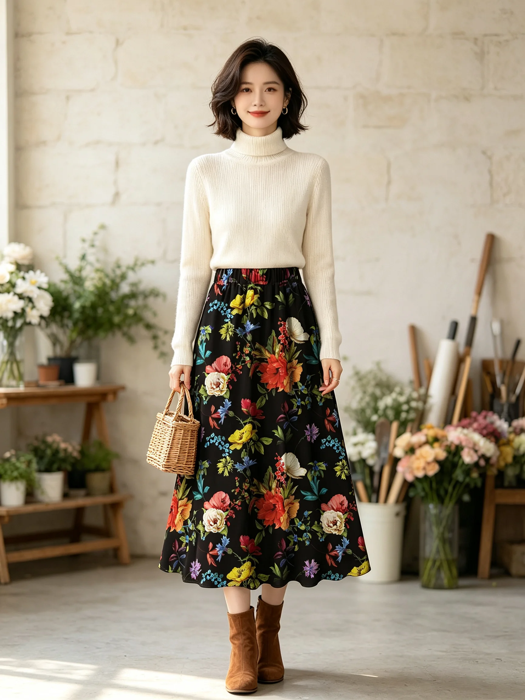 Vintage Floral Print Midi Skirt Women High Waist Elastic A‑Line Swing Long Skirt Holiday Party Casual Bottoms