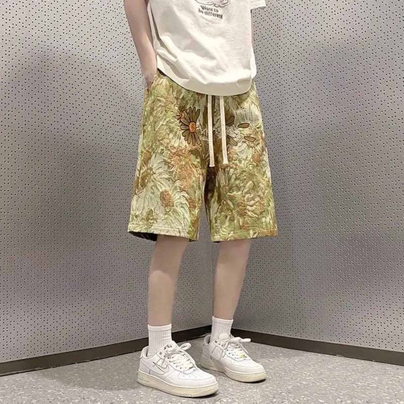 Chinese Style Comfortable Minimalist Casual Men\'s 2024 Summer Printed Elasticized Printed Drawstring Pocket Fashion Loose Shorts