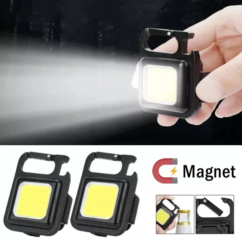 2Pcs Magnetic COB Keychain Light 800Lumens Bright USB Rechargeable Flashlight 3 Light Modes Portable Folding Bracket Work Lamp