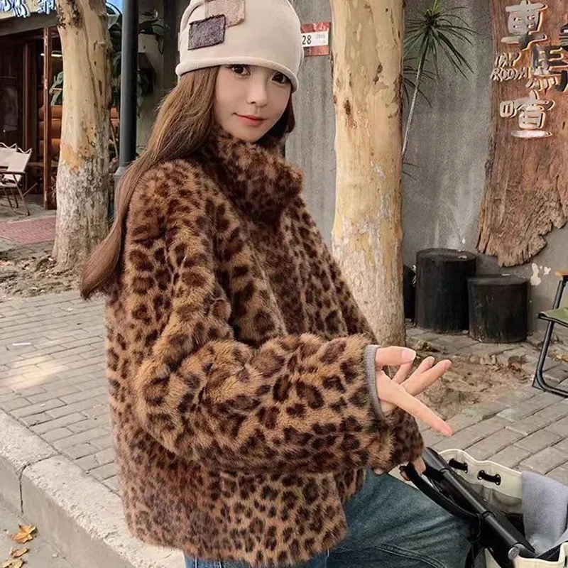 Dámské kabáty z umělé kožešiny s leopardím vzorem, vintage Y2K streetwear, chlupatá bunda s dlouhým rukávem, fešák, podzimní a zimní svrchní oblečení - náhled 3