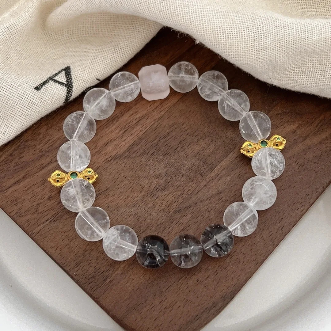 

Natural White/Gray Crystal with Cotton Inclusions Stretch Beaded Bracelet for Women Luxury Gold Plated Charm Hand Jewelry 1616
