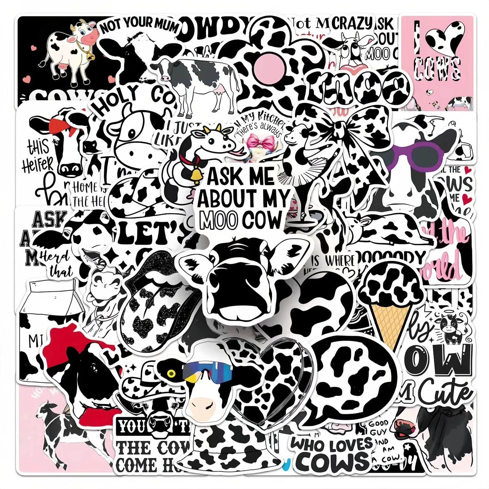 50Pcs Cute Black White Cow Print Stickers for Phone DIY Handbook Decor, Nice Holiday Small Presents Kawaii Toy Stickers