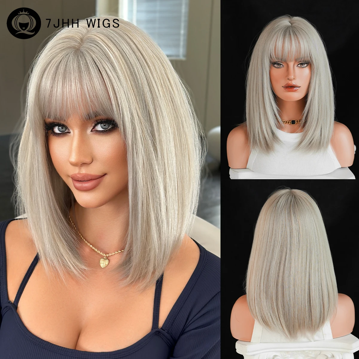 7JHH WIGS Schulterlange, gerade, weißblonde Perücke für Damen, hochdichte, synthetische, dezente, modische, beige Perücken mit ordentlichem Pony