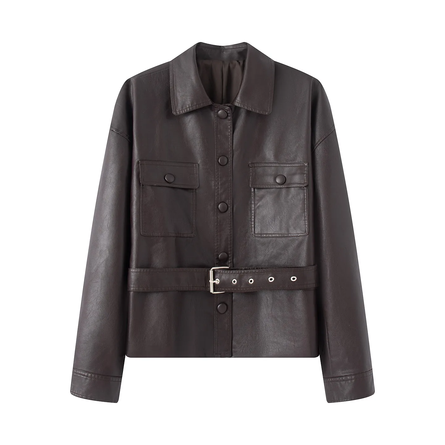 Chaqueta de Motera para Mujer, Estilo Retro E, Cuero Sintético Marrón, Diseño con Cinturón, Moda Otoñal, Corte Recto, ...