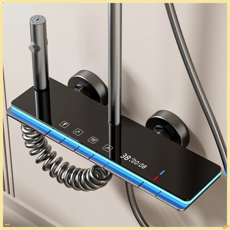 Système de douche gris avec lumière ambiante, ensemble de robinets de douche numérique intelligents, affichage de la température, ensemble de douche de salle de bains à pluie