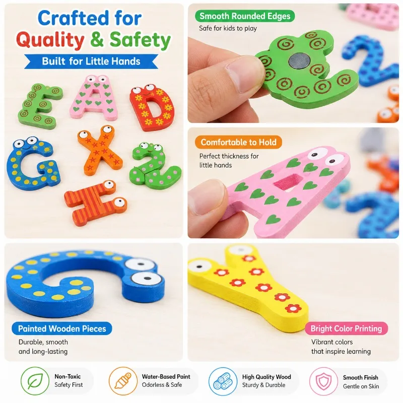 Cartoon Wooden Alphabet Number Magnets, ABC 123 Magnetic Fridge Stickers for Kids Preschool Learning, Spelling and Math Play