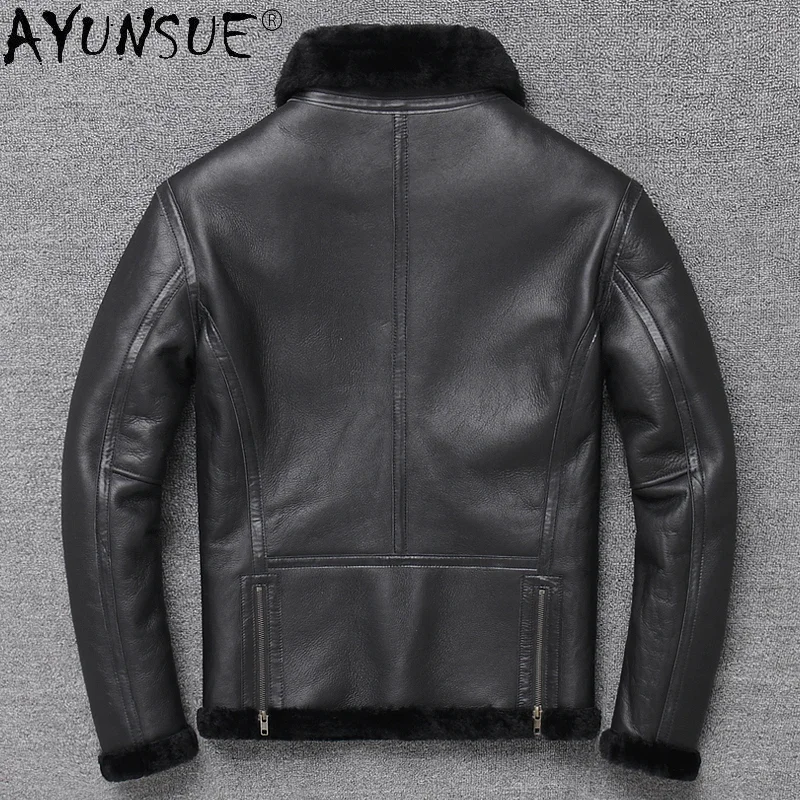 AYUNSUE Genuine Leather Jacket Men Real Fur Winter Male Jacket Sheepskin Coat Shearling Jacket Men Warm Vintage Flight Jackets