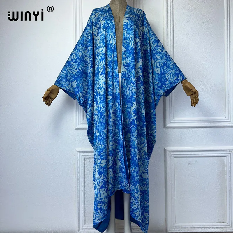 WINYI wysokiej jakości boho nadruk otwarty płaszcz odzież plażowa Cover up elegancki kaftan abaya dubaj luksusowy kardigan kimono maxi sukienka