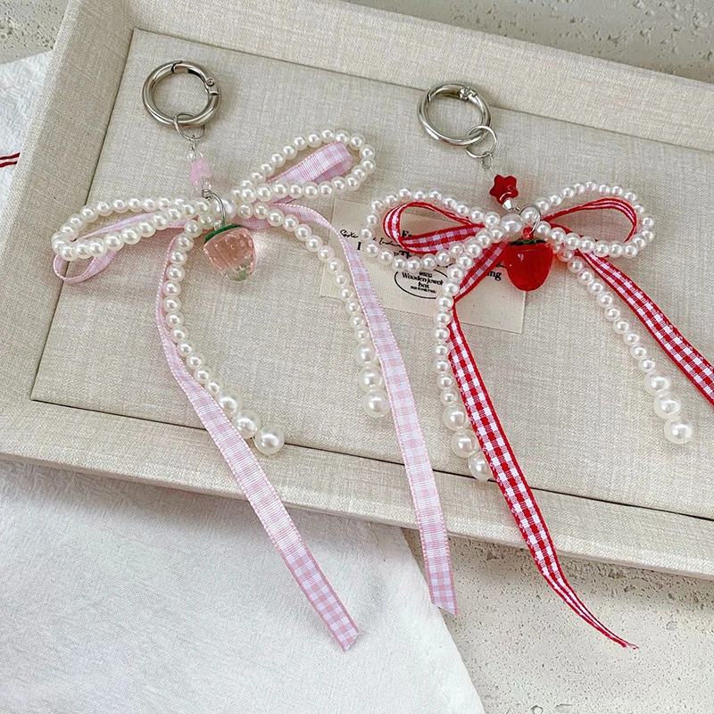 

1PCS Ribbon Plaid Bow Keychain Bowknot Beads Pendant Headphone Case Charm Bag Decor Car Key Ring