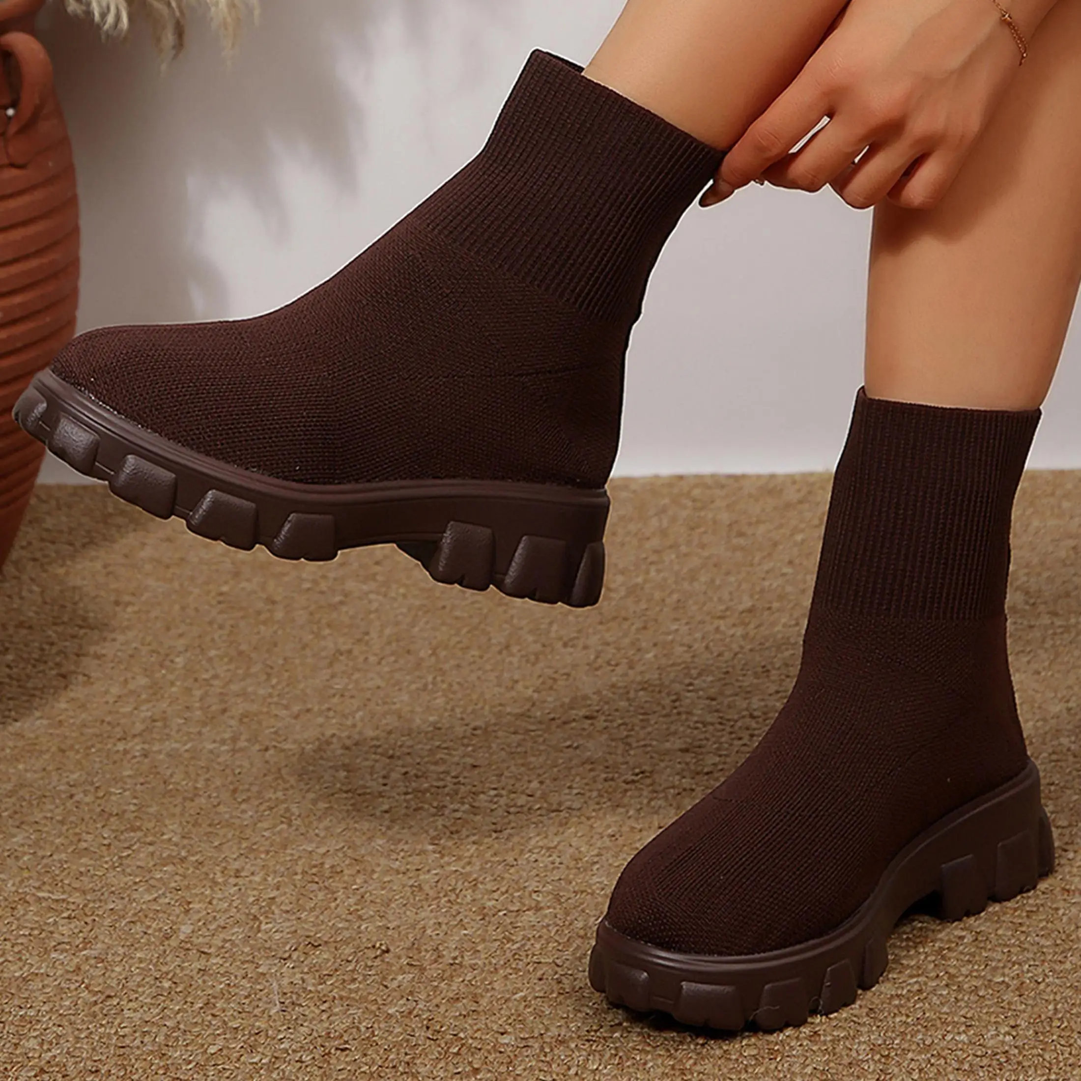 Ankle Boots for Women Comfortable Round Toe Slip On Stretch Soft Chunky Block Heel Knit Platform Boots Punk Dress Sock Boots - view 5
