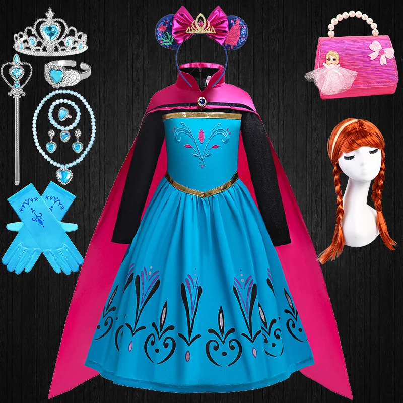 

Role Play Girl Snow Queen Anna Elsa Princess Dress + Long Cloak Halloween Cosplay Kids Birthday Party Clothes Fairy Ball Gowns