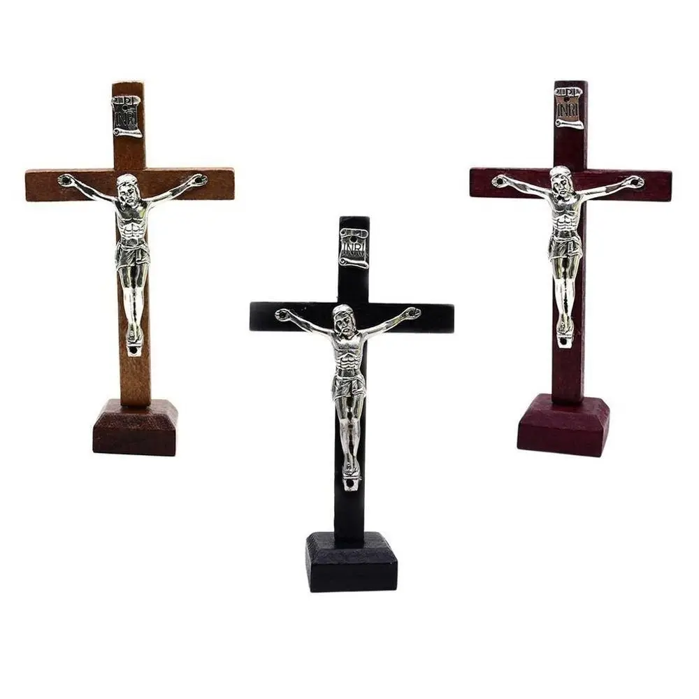 Portable Creative Wood Crucifix with Stand Classic Small Catholic Jesus Cross Vintage Religious Decoration