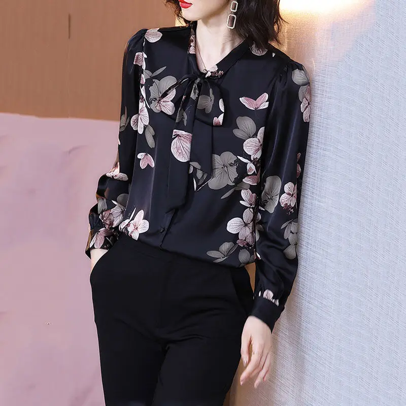 Blusa de manga larga con cuello de bufanda para mujer, camisa con estampado Floral y botones, ropa de primavera y otoño, elegante y Vintage, nueva