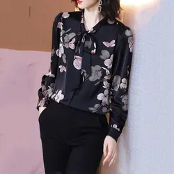 Vintage Elegant Scarf Collar Lace Up Blouse New Fashion Button Floral Printed Shirt Long Sleeve Spring Autumn Women's Clothing