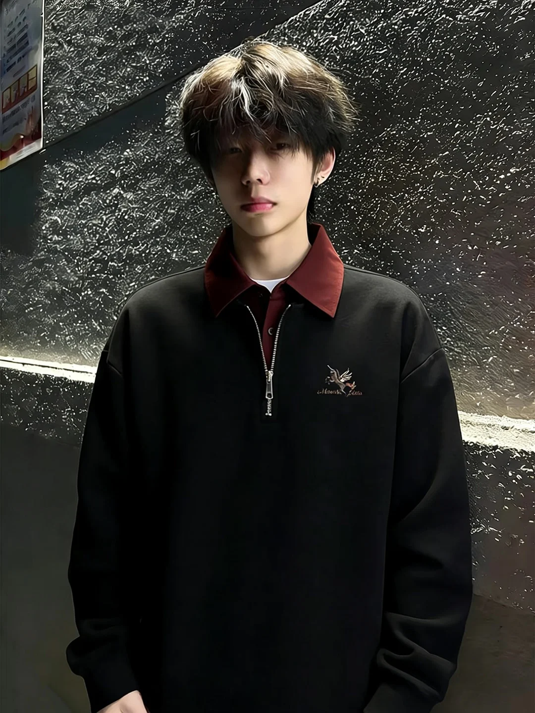 

Мужская весенняя толстовка с длинным рукавом и воротником, с вышивкой, имитация двухслойности, комфортная, свободного кроя, молодежная, стильная