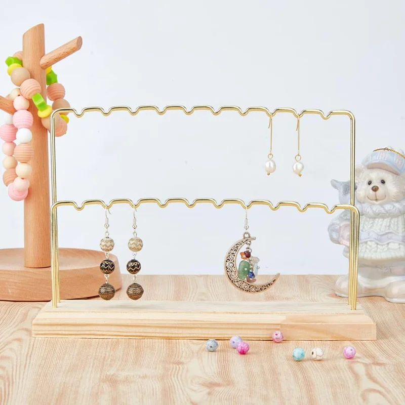 

Wood Earring Display Stand Plated Metal Hanging Bar Stand with Iron Findings Display Stands for Bracelet Necklace Earrings
