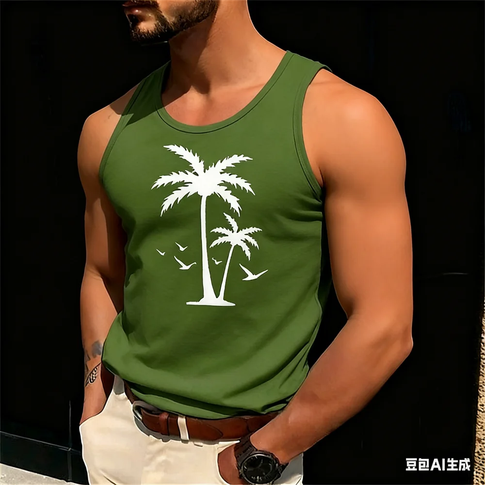 

Hawaiian Coconut Tree Patter Men's Vest Leisure Fashion Polyester Men Clothes Summer Vacation Beach Style Sleeveless T-shirt Top
