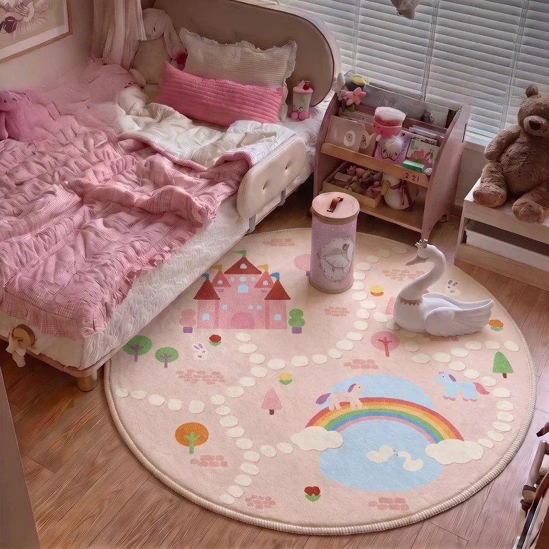 Cartoon Style Living Room Decoration Pink Carpet Round Rugs for Bedroom Fluffy Soft Bedside Floor Mat Thick Plush Cloakroom Rug
