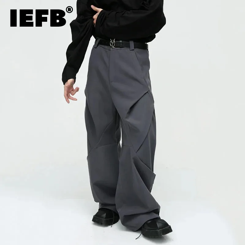 IEFB Men\'s Trousers Solid Color Niche Design Pleated Splice Loose Casual Baggy Pant Trend Male Wide Leg Fold Streetwear 9C3088