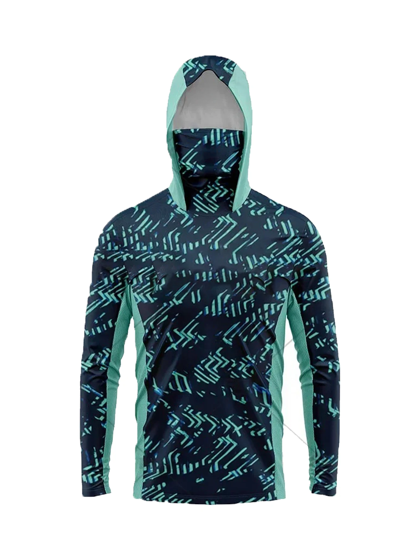 Camisa con capucha para hombre, camuflaje naranja y verde, para pescar, con cubierta facial integrada, protección solar UPF50+, camisetas de manga larga de secado rápido