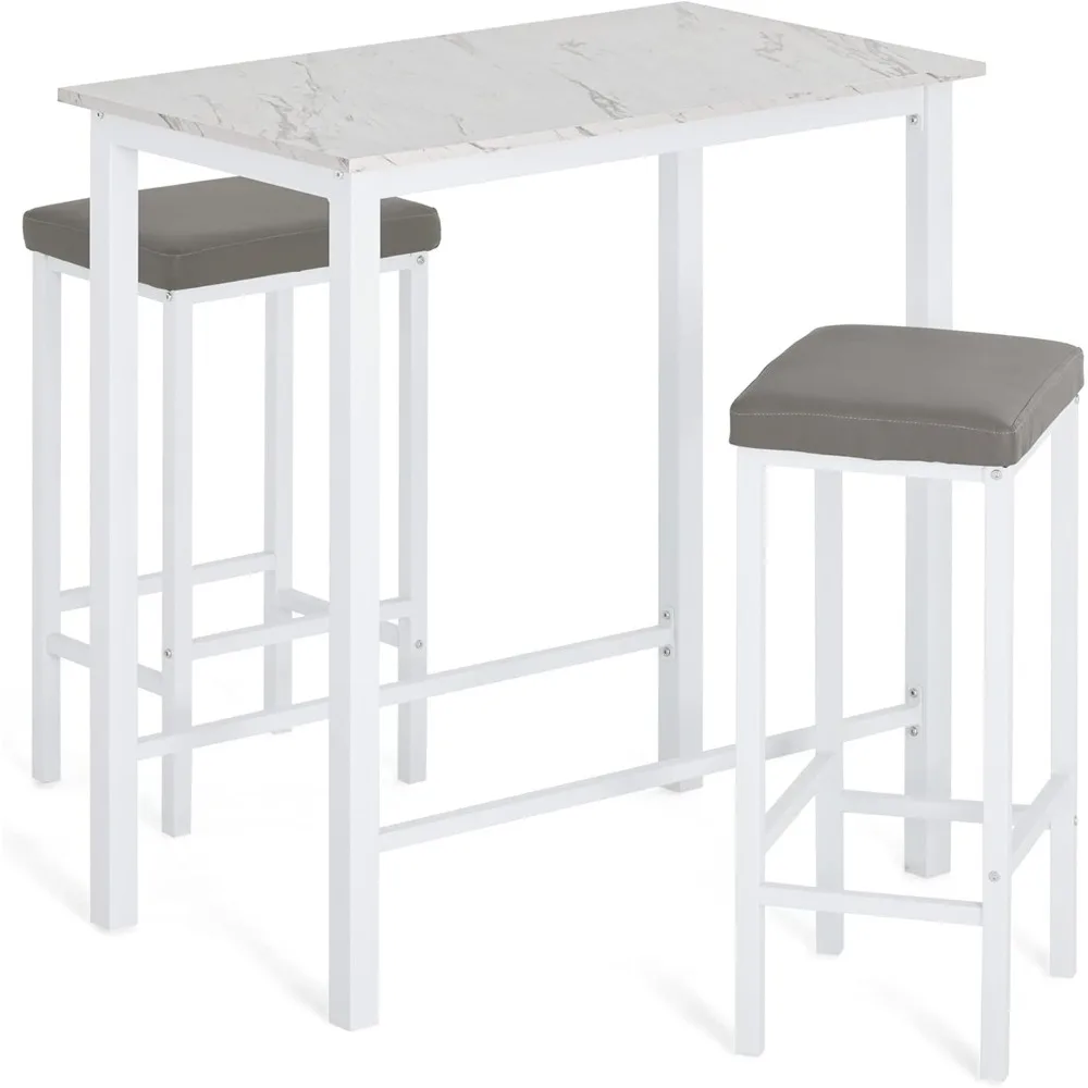 White Bar Height Dining Table Set for 2, 3-Piece Pub Counter Height Tall Kitchen Table Set with 2 Backless