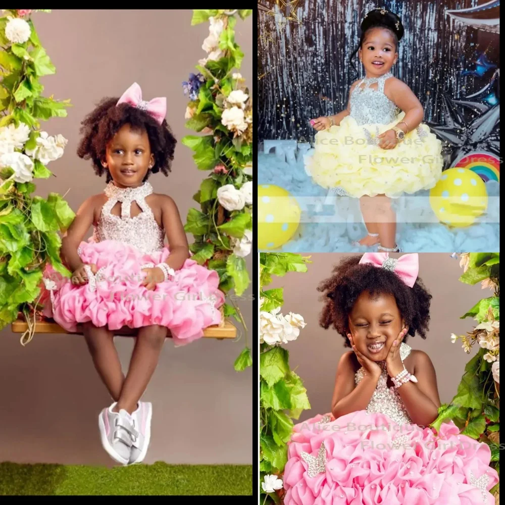 

Sparkling Flower Girl Dresses for Wedding Beading Knee Length Ruffles Girl Birthday Party First Communion Party Gown Customized