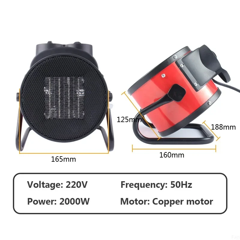 Aquecedor elétrico industrial portátil, termostato, aquecedor de ar, radiador, sala, 2kw, calor rápido, 3 engrenagens, ajuste, proteção contra superaquecimento