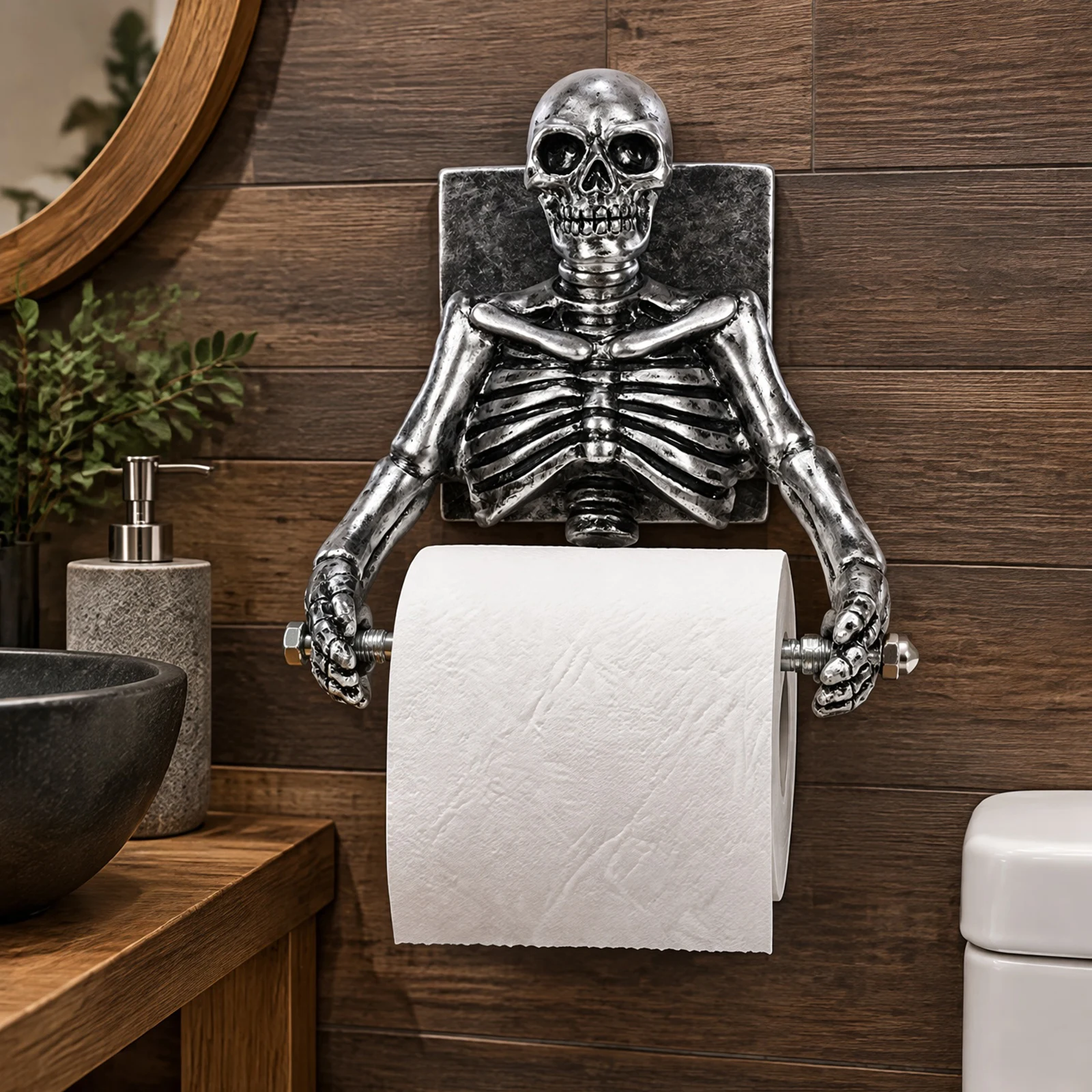 Gothic Skull Toilet Paper Holder Wall Mount Halloween Bathroom Decoration 3D Embossed Resin Decor