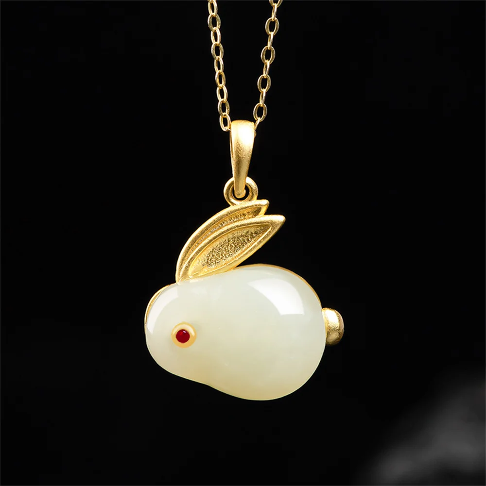 925 Silver Natural White HeTian Jade Rabbit Style Lucky Pendant Amulet Chain Necklace Certificate Party Luxury Jade Jewelry