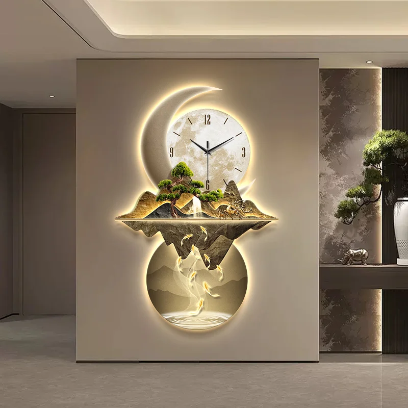 Nine Fish Graph Entrance Hall Wall Clock Large-Scale LED Digital Clock Corridor Mural Lamp Villa Quartz Clock Watch Home Decor
