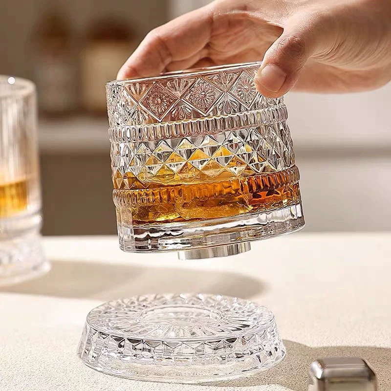 

260ML Rotating Whiskey Glass Creative Crystal Premium Beer Cup Str Relief Liquor Cup With Base Straight Drink Wine Glass