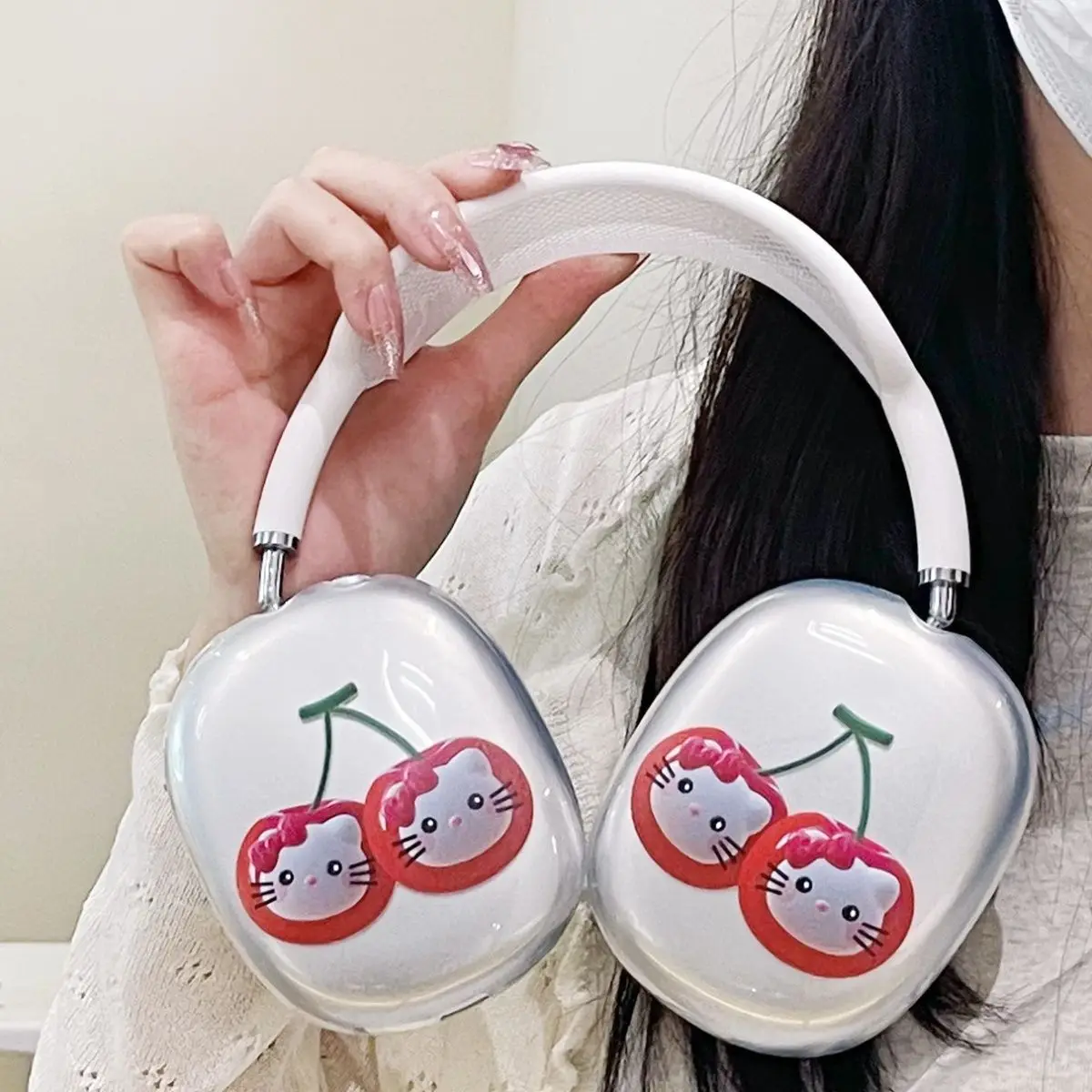 1 Pair Ins Cute Cherry Hello Kitty Transparenct Soft Case for Airpods Max Case Headworn Bluetooth Earphone Protective Cover Gift