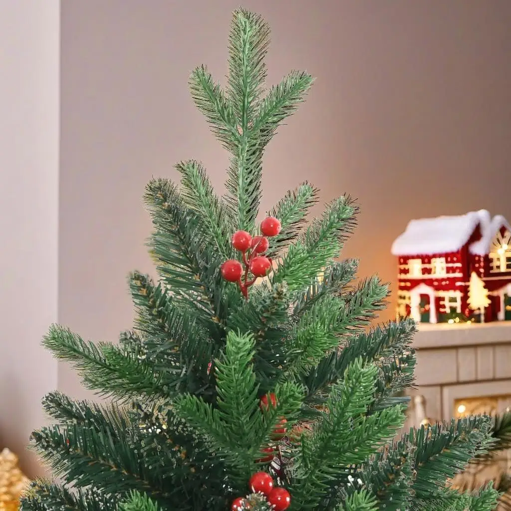 59.1'' Artificial Hinged Christmas Tree with Red Berries - Festive Holiday Decor