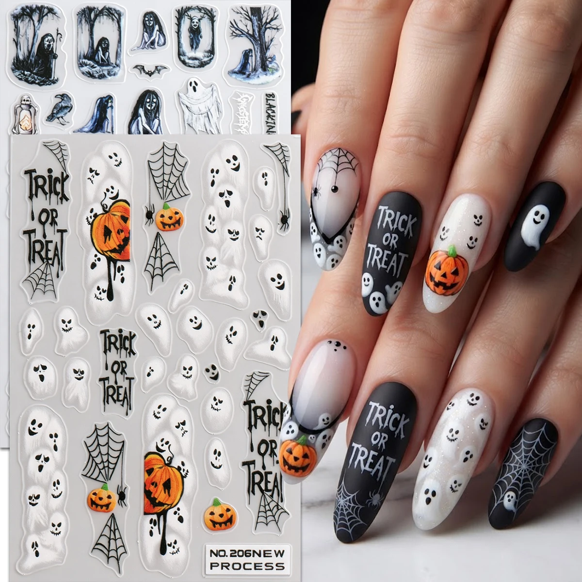2/2/2 Stück Halloween-Nagelaufkleber, Gothic-Nagelsticker, Schwarz-Weißes Kürbis-Geister-Muster, DIY-Nagelzubehör, Feiertagsgeschenk