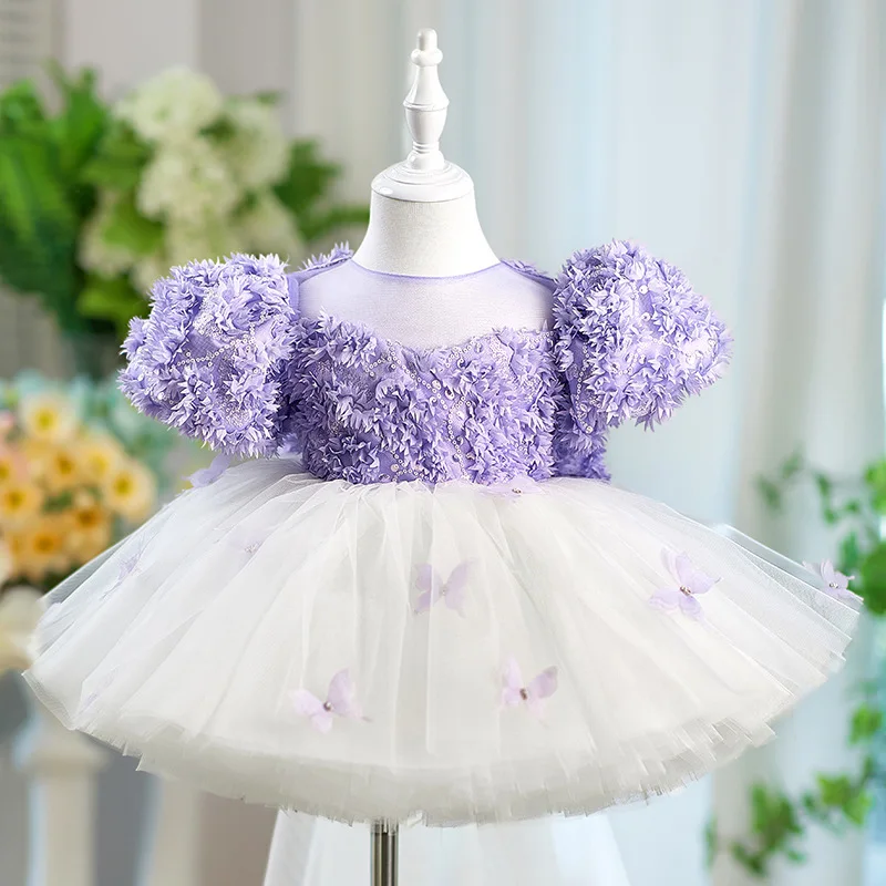 Toddler Girls Purple White Color Tulle Dress Summer Puff Sleeves Butterfly Children Princess Gown For Birthday And Wedding