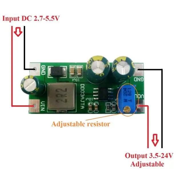 DD03AJTA 30W Adjustable Step-Up Module DC 2.7-5.5V to 3.5-24V DC-DC Boost Converter Board for 18650 lithium battery LED Motor