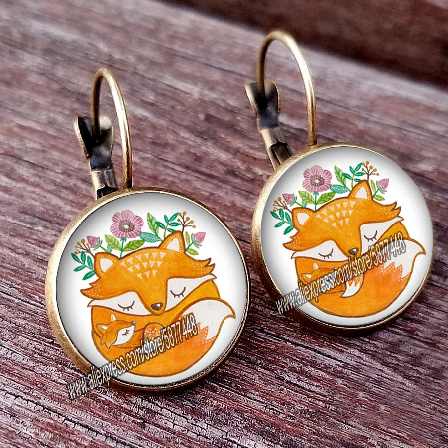 Cute Fox and Flower Women Pattern Glass Cabochon Stud Earring Lovely Animal Earring for Woman and Girl