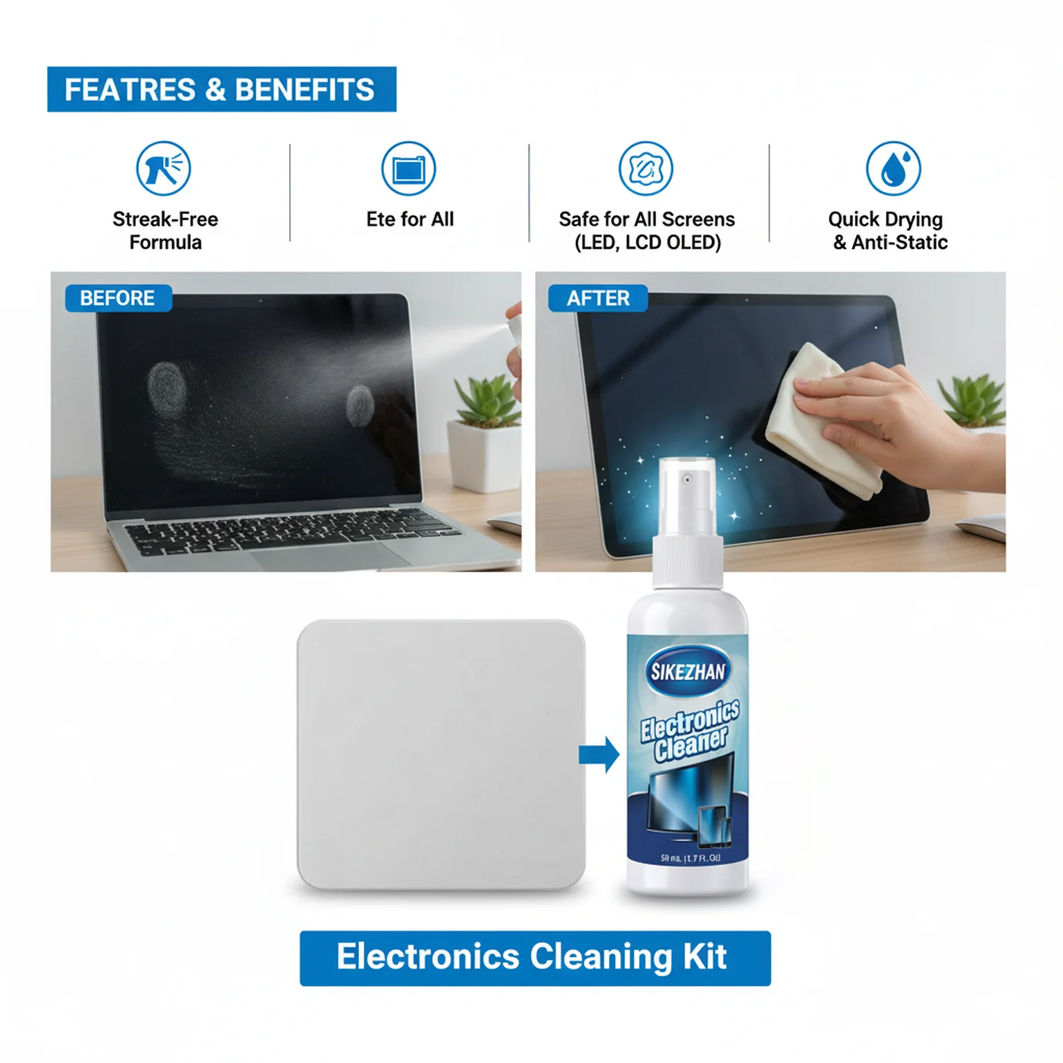 Screen Cleaner Spray & Microfiber Cloth Kit-Safe for LED,LCD,OLED Smart TVs, Monitors, Laptops, PC & Car Displays - Streak-Free