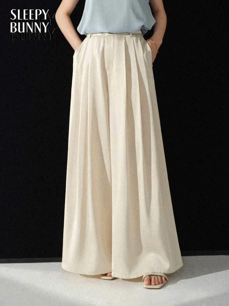 High Waist Satin Wide Leg Pants Women Elegant Loose Draped Trousers Casual Long Palazzo Pants Minimalist Lady Spring Outfit