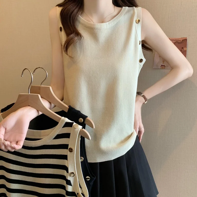 

Fashion Sleeveless O-Neck Knitted Women Sweater Pullover New Summer Knit Sweater Women Tops Blusas Mujer De Moda 2024 Verano J94