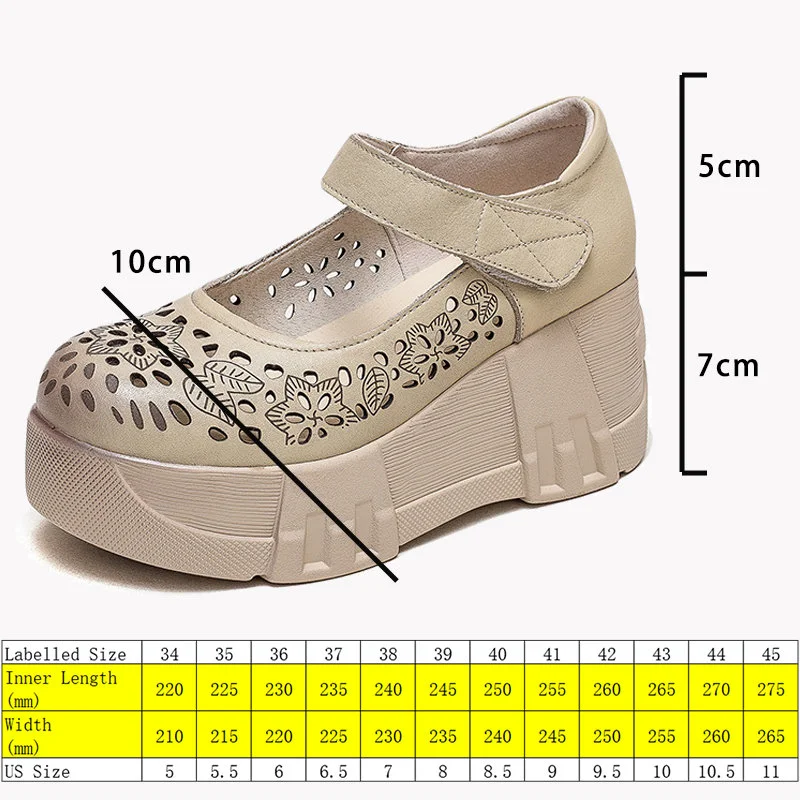 Koznoy Women Moccassin 7cm Round Toe Cow Genuine Leather Platform Wedge Hollow Female New Hook Fashion Summer Casual Print Shoes