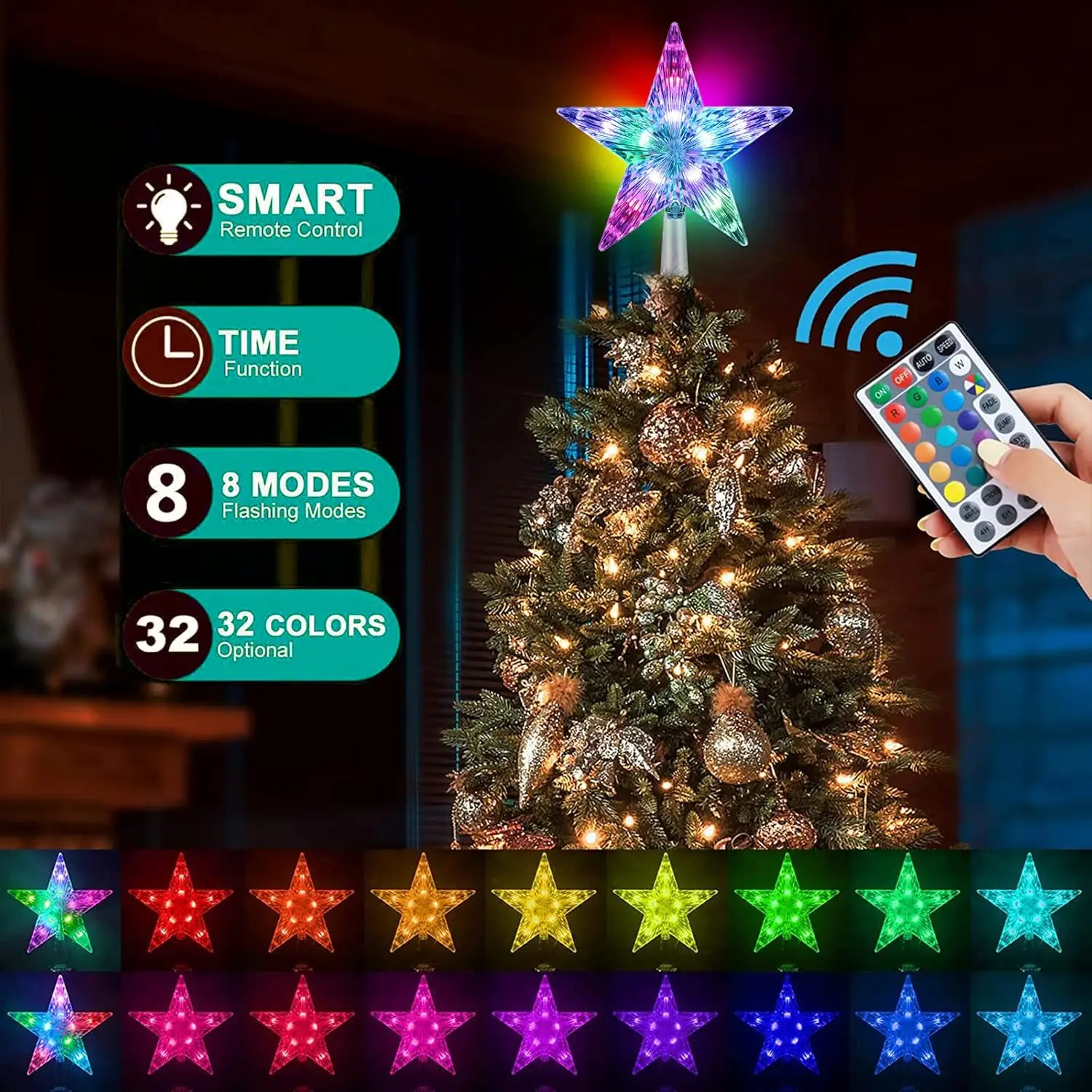 Christmas Tree Topper Star Light Decor 16 Color Changing Remote Controller Multicolor LED Christmas Star USB Powered Xmas Gift