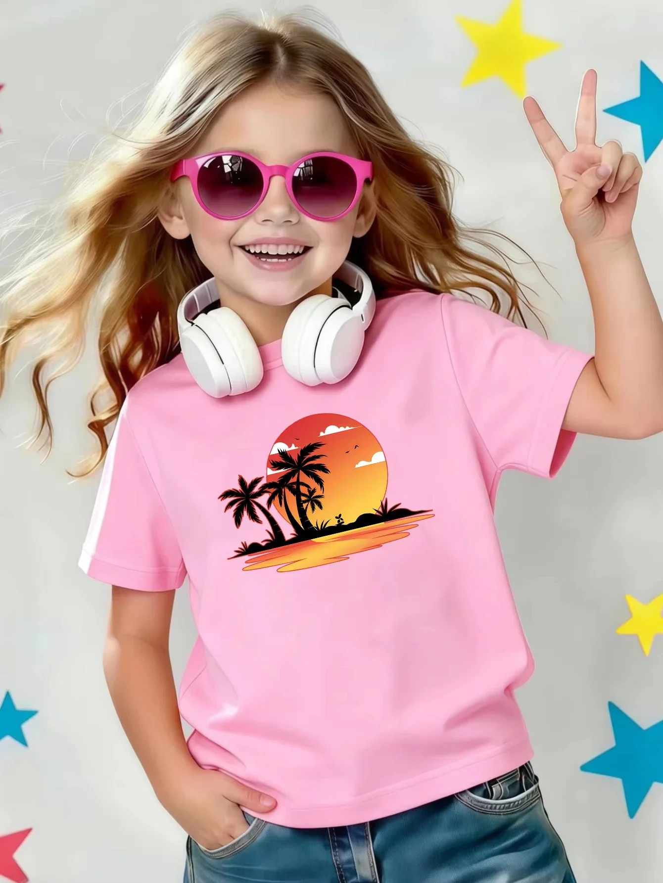 Kids Crew Neck Short Sleeve T Shirt Sunset Beach Palm Tree Island Print Boys Girls Summer Vacation Casual Tee Tops