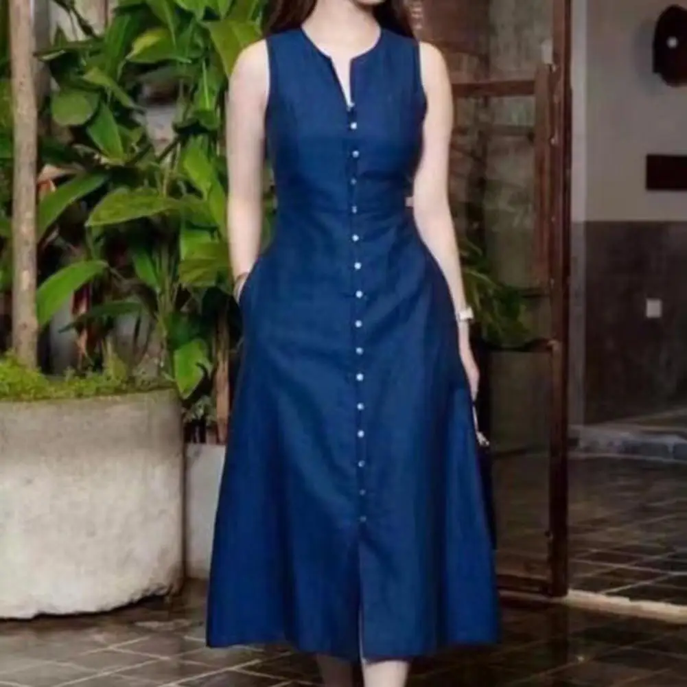 Women Solid Color Dress Elegant V-neck Midi Dress with Button Details Pockets Sleeveless A-line Summer Dress for Women Stylish