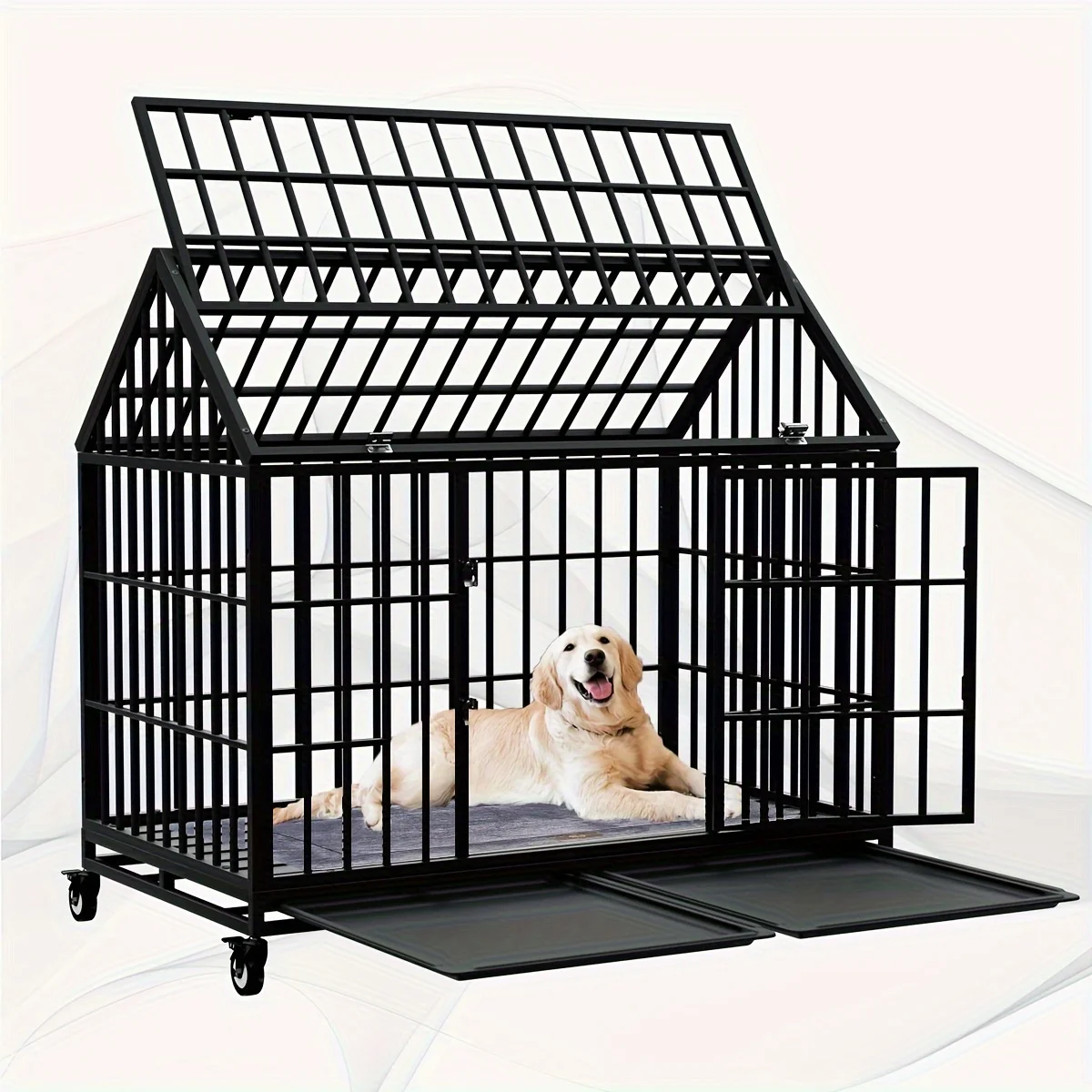 

For Large Dog Kennel Measuring 54 by 48 Inches, Made of Sturdy Metal, Featuring a Top Opening, Wheels for Easy Movement, And Two